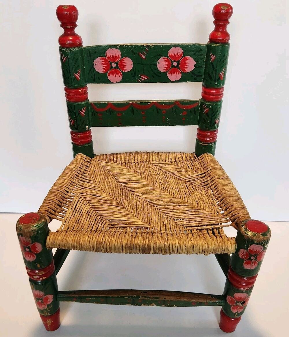 Vintage Handmade Boho Wooden Chair Rush Seat Plant Stand Rustic Folk Decor Small